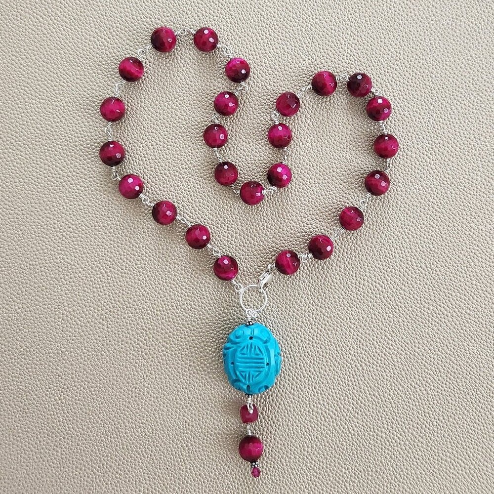 HOT PINK TIGERS EYE NECKLACE W/ CARVED BEAD--18"